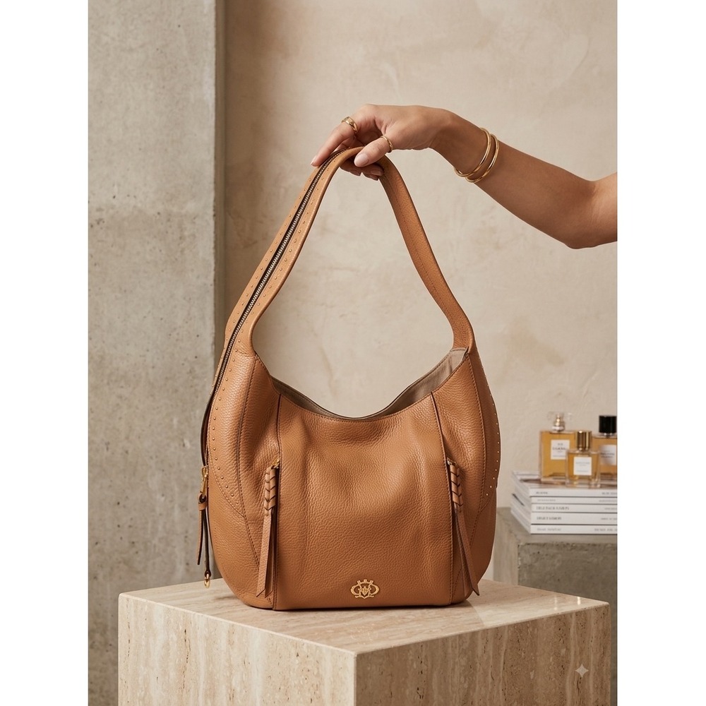 Oryany Tan Pebbled Leather Studded Hobo Shoulder Bag Gold Hardware